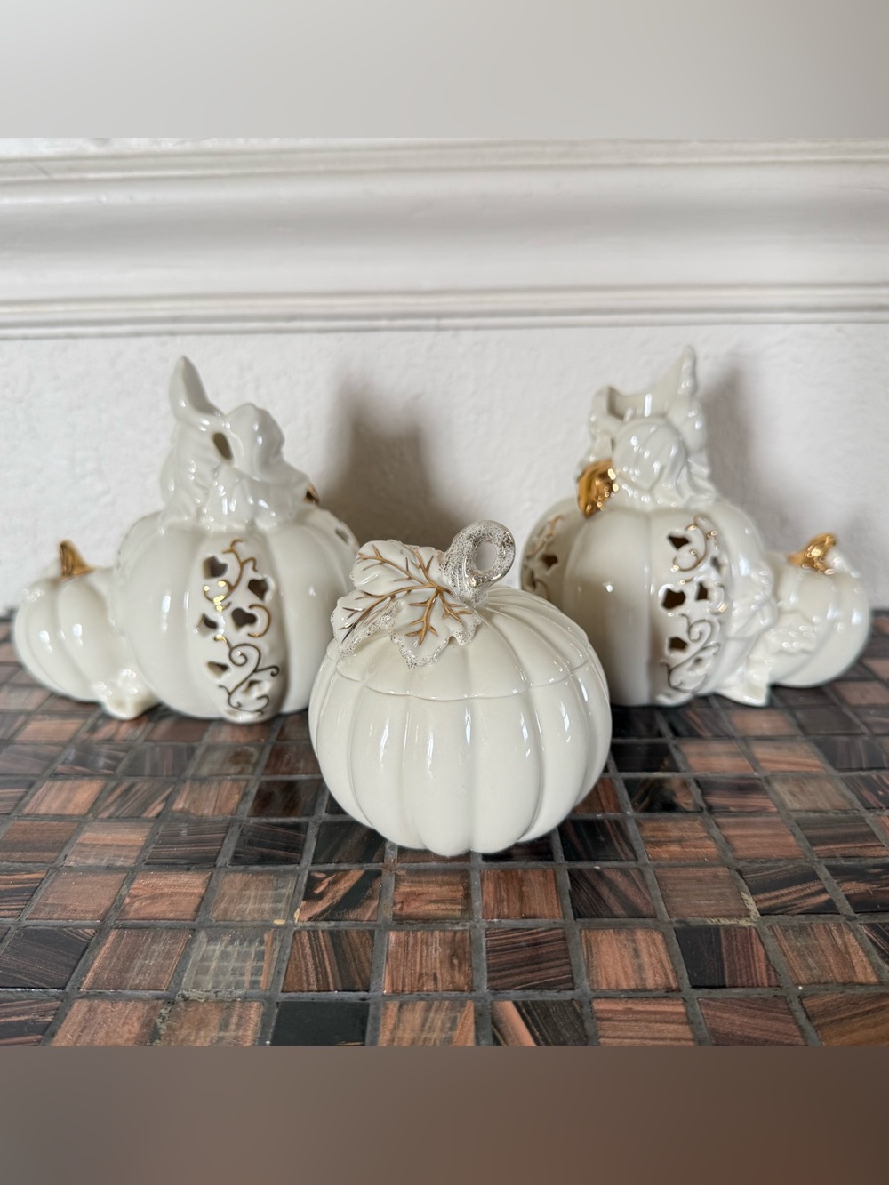 Lenox Fine Ivory China Pumpkin & 2 Candle Holders Ivory Gold Accents Set3